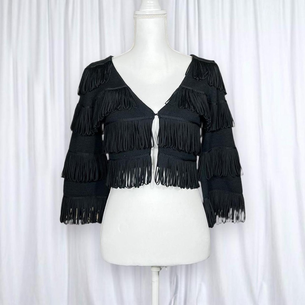 INC International Concepts black fringe cropped bolero jacket layered fringe S